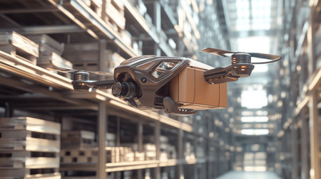 Futuristic delivery drone flying over shelves in a warehouse, transporting a brown package, emphasizing autonomous technologyの素材