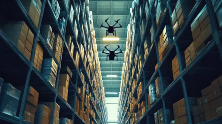 Drones maneuvering between shelves filled with parcels in a warehouse, representing the efficiency of modern delivery technologyの素材