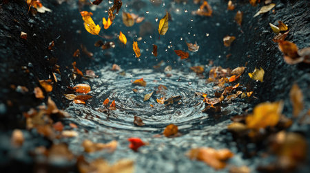 Drain clogged with debris and swirling rainwater, leaves and dirt accumulating in a chaotic messの素材