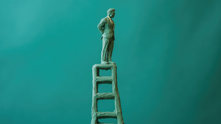 AI-sculpted clay figure ascending a financial ladder, with currency at the peak, symbolizing business triumph and effortの素材