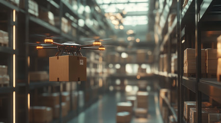 Modern warehouse scene with a delivery drone hovering over parcels, carrying a brown box, symbolizing automation in supply chainsの素材
