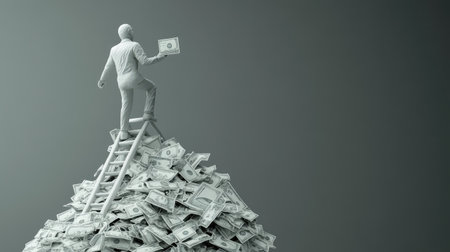AI-modeled clay human ascending a ladder of success, with money awaiting at the peak, embodying progress and prosperityの素材