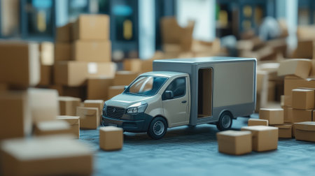 Mini delivery truck parked near a scattered pile of cardboard boxes, blurred background suggesting a busy distribution environmentの素材