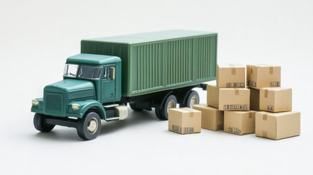 Model delivery truck beside a neat stack of small cardboard boxes, isolated on a white background, emphasizing distributionの素材