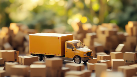Miniature delivery truck beside a pile of cardboard boxes with a blurred backdrop, illustrating transportation logisticsの素材