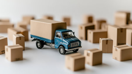 Tiny truck model with cardboard boxes spread around on a plain white background, emphasizing the transport of goodsの素材