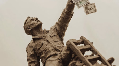 AI-sculpted clay figure on a ladder of success, reaching for money at the peak, embodying progress, ambition, and prosperityの素材