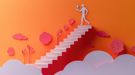 Paper cut-out human ascending stairs toward a trophy, illustrating the path to business success and personal growthの素材
