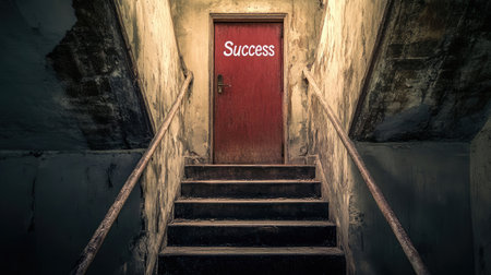 Steep stairs with a closed door marked "Success" at the top, symbolizing business ambition and progressの素材