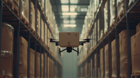 Drone carrying a brown box, navigating the warehouse aisles, representing the seamless integration of robotics in deliveryの素材