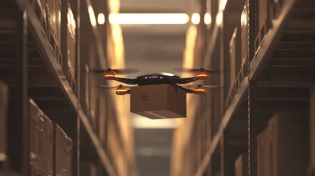 Drone carrying a brown box, navigating the warehouse aisles, representing the seamless integration of robotics in deliveryの素材
