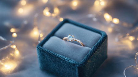 A velvet box with a solitaire diamond ring, surrounded by soft twinkle lights, creating a dreamy proposal sceneの素材