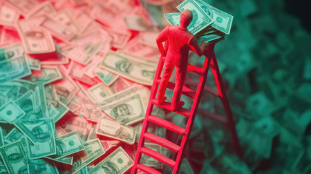 Artificial clay human climbing a ladder with money piled on top, a vivid representation of business success and ambitionの素材