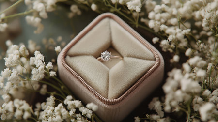 A simple diamond ring in a pale pink velvet box, surrounded by baby's breath flowers, evoking tenderness and loveの素材
