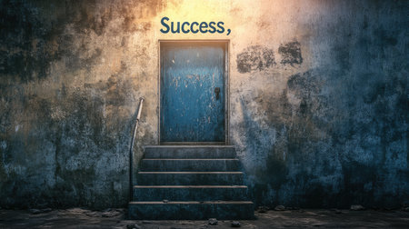 Stairs winding up to a door labeled "Success," symbolizing the long journey and determination needed for business triumphの素材