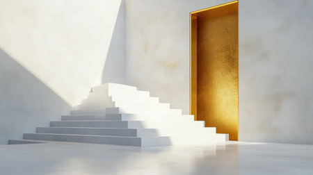 White stairs stretching up to a golden door, illustrating the concept of ambition and business triumphの素材