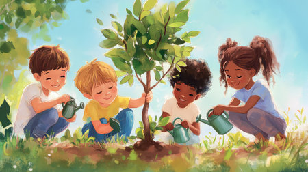 Children of different races planting a tree together, each holding a watering can, united in environmental care.の素材