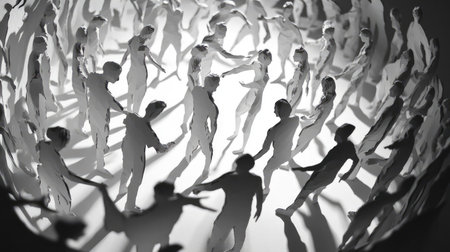 Paper cutout figures standing in a close circle, leaning forward, shadows forming a pattern of togethernessの素材