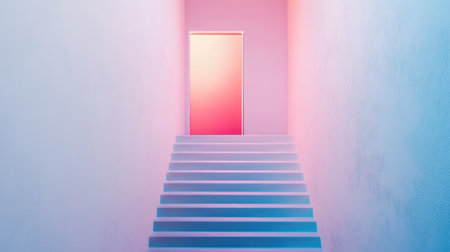 Steep staircase with a shimmering door at the top, a concept of overcoming obstacles to achieve business goalsの素材