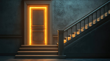 Elegant staircase ascending to a closed door with a glowing frame, symbolizing opportunity and success in businessの素材