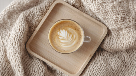 Hot latte art glass viewed from above, placed on a light wooden tray with a cozy wool blanket in the background for a relaxed setting.の素材