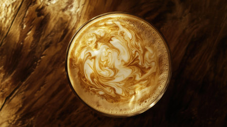 A bird-eye view of latte art in a clear glass cup, with swirled milk patterns, set on a rustic wooden table in a cozy ambiance.の素材