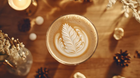 A top-down view of a latte art glass, with beautiful leaf-shaped foam, surrounded by muted decor elements for a peaceful vibe.の素材
