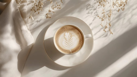 Top-down shot of a hot latte with artistic foam patterns, surrounded by a minimal tabletop setup, perfect for a relaxed ambiance.の素材