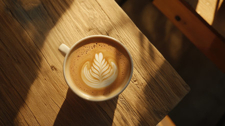 Latte with artful milk patterns, shot from above, set on a natural wood table with warm lighting, exuding a relaxed coffeehouse vibe.の素材
