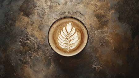 Overhead shot of a latte with symmetrical leaf art, placed on a stone tabletop, with a minimal and tranquil ambiance surrounding it.の素材