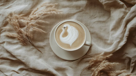 Latte with elegant swan art, captured from above, placed on a linen cloth with hints of natural elements for a serene atmosphere.の素材