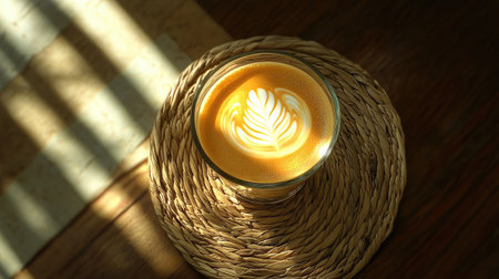 Latte art glass from above, sitting on a woven coaster with a soft, warm light filtering through, giving off a laid-back, cozy feel.の素材