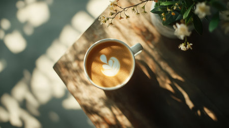Latte art cup from above, with floral milk art, resting on a rustic table beside a small plant and soft shadows, giving off chill vibes.の素材