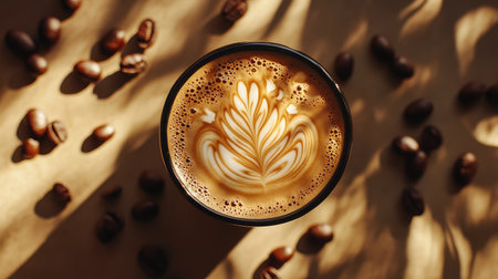 Top view of a hot latte with intricate leaf art, surrounded by scattered coffee beans and subtle shadows, creating a chill ambiance.の素材