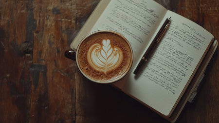 Overhead view of a hot latte art cup, steam gently rising, placed beside an open notebook and a pen, evoking a relaxed morning vibe.の素材