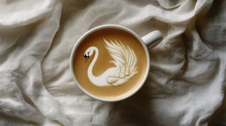 Latte with elegant swan art, captured from above, placed on a linen cloth with hints of natural elements for a serene atmosphere.の素材
