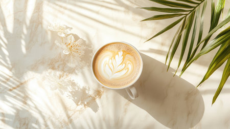 Overhead view of a hot latte with milk foam in a floral design, set on a marble table with subtle highlights for a modern, chill feel.の素材
