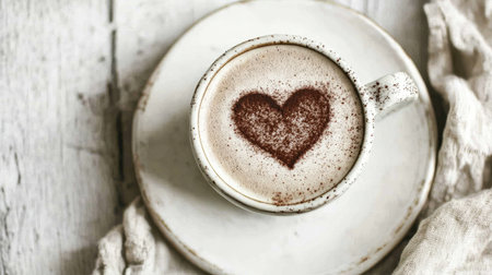 Latte with heart art, captured from above, set on a white ceramic plate with soft natural light streaming in, for a tranquil moment.の素材