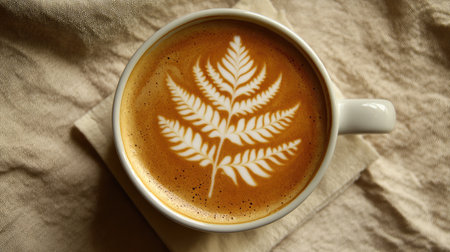 Overhead shot of a hot latte with a fern-shaped milk pattern, placed on a simple beige napkin with warm lighting for a soothing feel.の素材