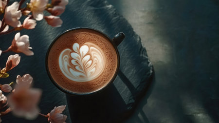Top view of a hot latte with intricate tulip foam art, placed on a slate surface with natural shadows and a calming atmosphere.の素材