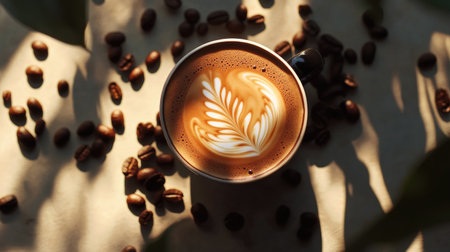 Top view of a hot latte with intricate leaf art, surrounded by scattered coffee beans and subtle shadows, creating a chill ambiance.の素材