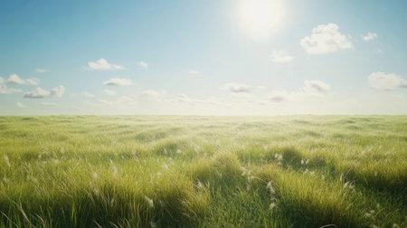 A wide open grass field with tall grass swaying in the breeze, set against a clear, sunny sky.の素材