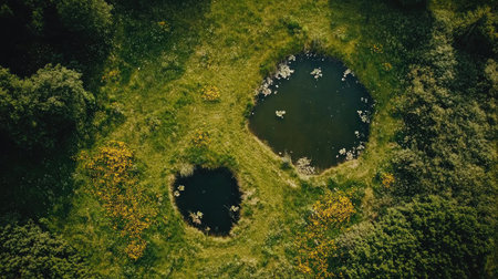 Aerial shot of a countryside grass field with small ponds and patches of wildflowers in view.の素材