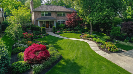 Aerial perspective of a spacious front yard with green grass, vibrant flowers, and small shrubs along the pathway.の素材
