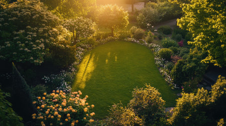 Aerial view of a lush green lawn with flower borders and a small tree, in a warm sunset light.の素材