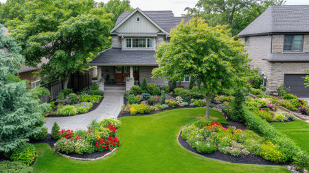 Aerial perspective of a front lawn with a tree in the center, surrounded by flower beds and greenery.の素材