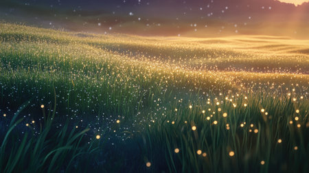 Close-up of dewdrops glistening on green grass in an open field during early morning light.の素材