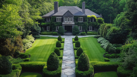 Aerial shot of a traditional front lawn, featuring a stone pathway and bushes trimmed to perfection.の素材