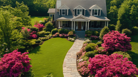 Aerial view of a suburban front lawn, with a stone path leading to the front porch, surrounded by blooming flowers.の素材