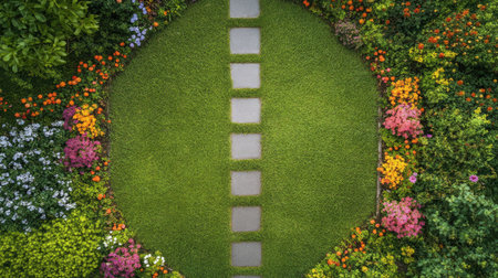 High-angle shot of a front lawn with a simple stone pathway and flower beds on either side.の素材